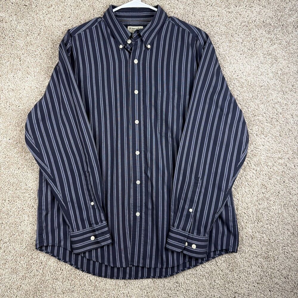 St Johns Bay Dress Shirt Mens Size L Blue Striped Long Sleeve Iron Free